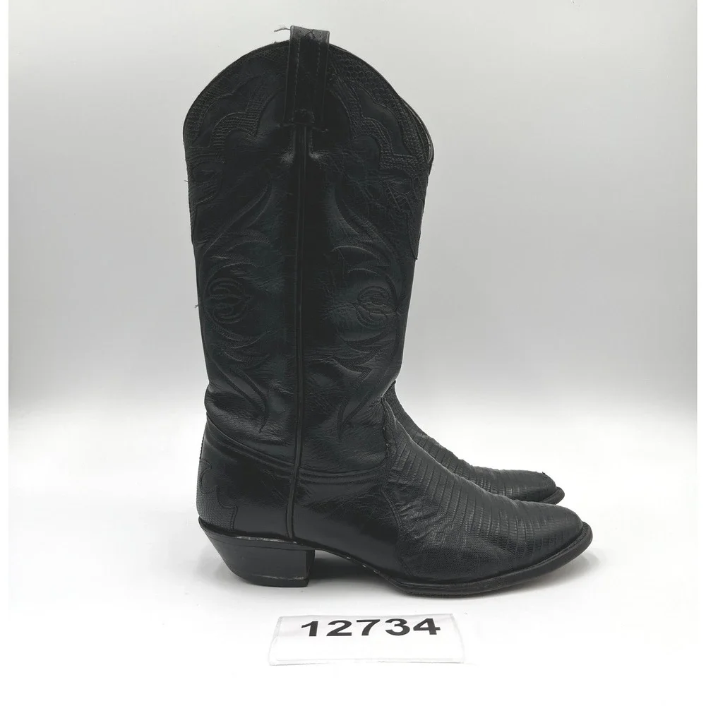 Tony Lama Exotic Nacogdoches Men 8 Black Leather Block Heel Cowboy Western Boots